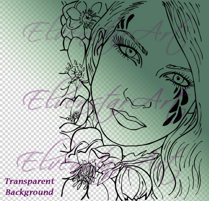 DIGI Stamp Printable Scrapbooking Card Making Crafts Fantasy Fairy Flowers Black Hellebore Tattoo Portrait Digital Stamp Download Coloring image 2