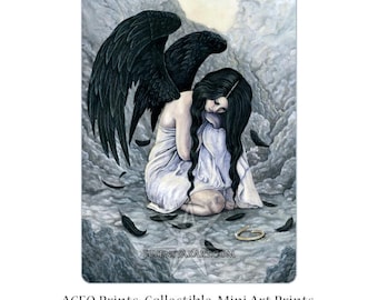 Broken Halo ACEO Print gothic Angel clouds Black Wings Feathers Artist Trading Cards ATC Fantasy Art