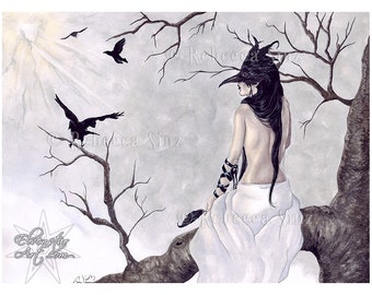 Birds Of A Feather PRINT Gothic Fantasy Art Shaman Crows Ravens Woman Nature Mask Watercolor Tree 4 SIZES