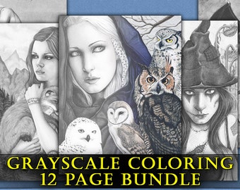 GRAYSCALE Coloring Book Pages PRINTABLE Instant Digital Download Gothic Fantasy Fairies Witches Angels Art Animals Women Adult Coloring