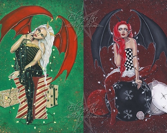 Gothic Christmas Demons PRINT SET Wings Fantasy Art Christmas Lights Red Black White Ornaments Presents Green Dark Holiday Art 3 SIZES