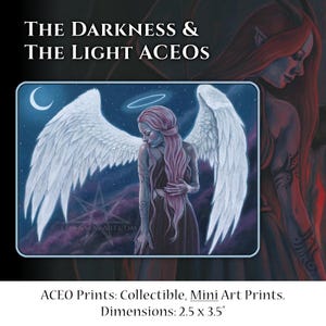 La oscuridad y la luz Conjunto de impresiones ACEO Ángel Demonio Celestial Oscuro Gótico Alas Tarjetas de intercambio de artistas ATC Emotions Fantasy Art Wings