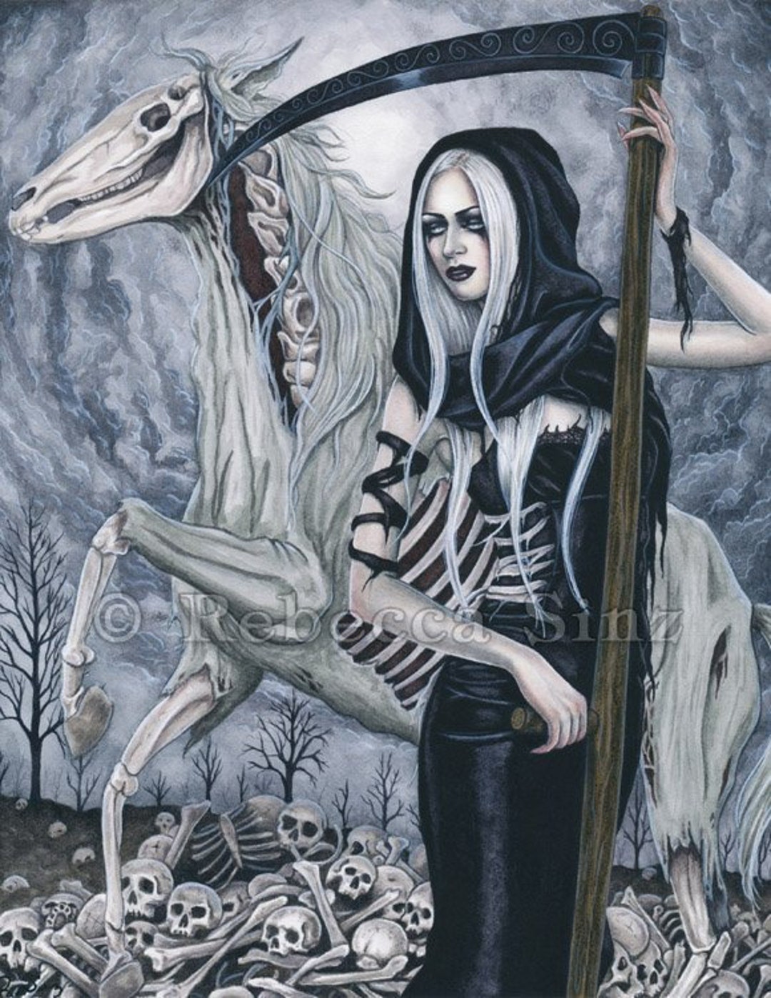 Death PRINT Four Horsemen of the Apocalypse Skulls Bones Grim Reaper Skeleton Horse Scythe Black