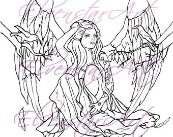 DIGI Stamp Printable Scrapbooking Card Making Crafts Fantasy Gothic Angel tattoos Birds Crows Wings Digital Stamp Download Coloring