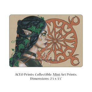May include: A digital illustration of an elf woman with long black hair adorned with green ivy. She has green eyes and is wearing a dark dress with a silver necklace. The background is a brown paper with a red and orange geometric design.