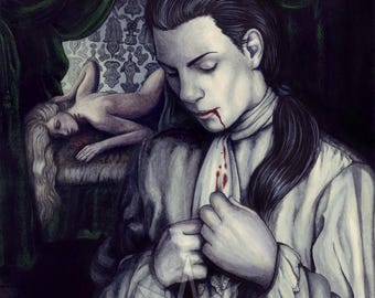 May include: A dark, dramatic painting of a vampire with long black hair, wearing a white shirt with blood stains. The vampire is looking down at a woman lying on a bed, with a dark green curtain in the background. The text "ELVENSTARART.COM" is visible in the bottom right corner of the painting.