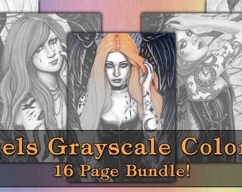 GRAYSCALE Coloring Book Pages PRINTABLE Instant Digital Download Gothic Angels Art Women Tattoos Fantasy Portraits Adult Coloring