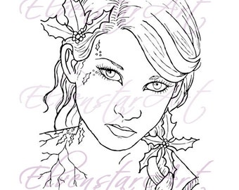 DIGI Stamp Printable Scrapbooking Card Making Crafts Fantasy Fairy Holly Christmas Holidays Festive Portrait Digital Stamp Download Coloring