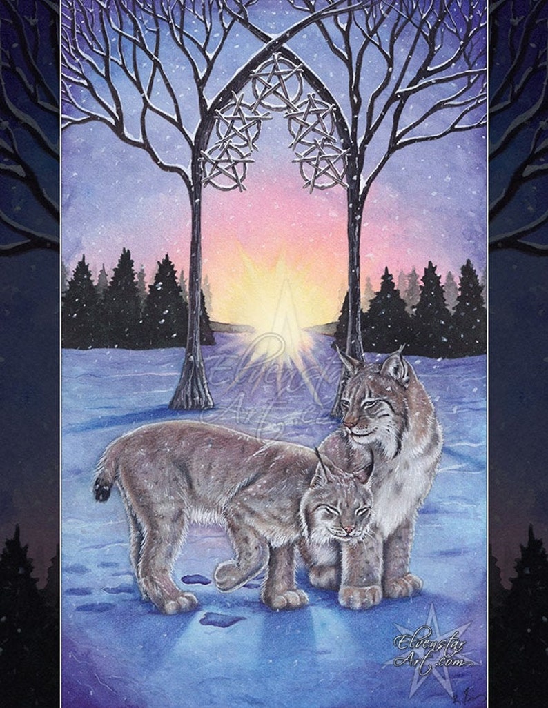 5 of Pentacles Tarot Card Art PRINT Lynx Snow Winter Sunrise Trees Blue Pink Cold Watercolor Colored Pencil Animals Cats 4 SIZES 8.5 x 11 inches