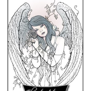 Coloring Page PRINTABLE Gothic Angel Beautiful Woman Flowers Wings Fantasy Art Adult Coloring Instant Digital Download Line Art Printable