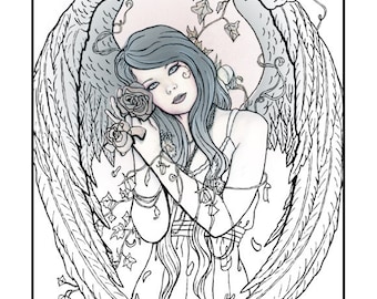 Coloring Page PRINTABLE Gothic Angel Beautiful Woman Flowers Wings Fantasy Art Adult Coloring Instant Digital Download Line Art Printable