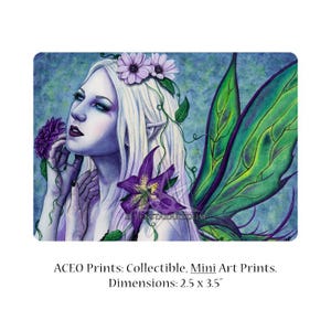 Seelie ACEO Print Fairy Art Fantasy Light Spring Flowers Purple Green Portrait Wings Gothic Watercolor