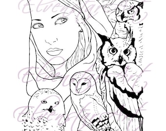 DIGI Stamp Printable Scrapbooking Card Making Crafts Fairy Fantasy Owls Nature Shaman Wisdom Barn Snowy Owl Digital Stamp Download Coloring