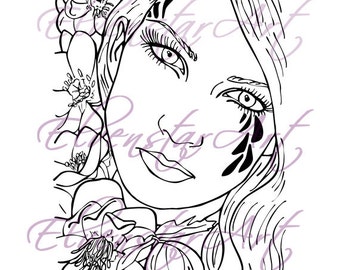 DIGI Stamp Printable Scrapbooking Card Making Crafts Fantasy Fairy Flowers Black Hellebore Tattoo Portrait Digital Stamp Download Coloring