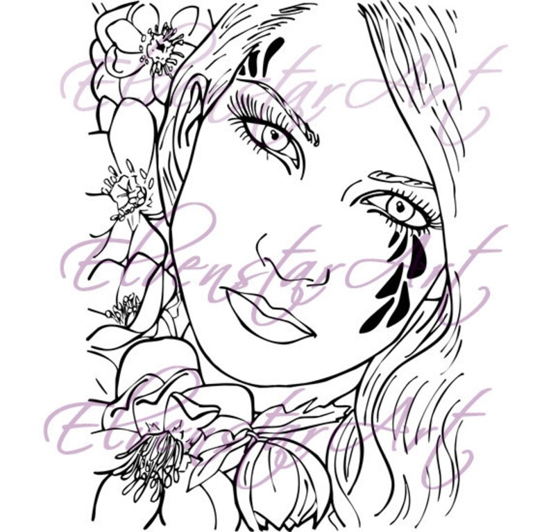 DIGI Stamp Printable Scrapbooking Card Making Crafts Fantasy Fairy Flowers Black Hellebore Tattoo Portrait Digital Stamp Download Coloring