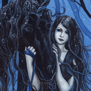 Midnight Travelers PRINT Gothic Fairy Unicorn Winter Black Blue Snow Fantasy Art Watercolor 4 SIZES image 4