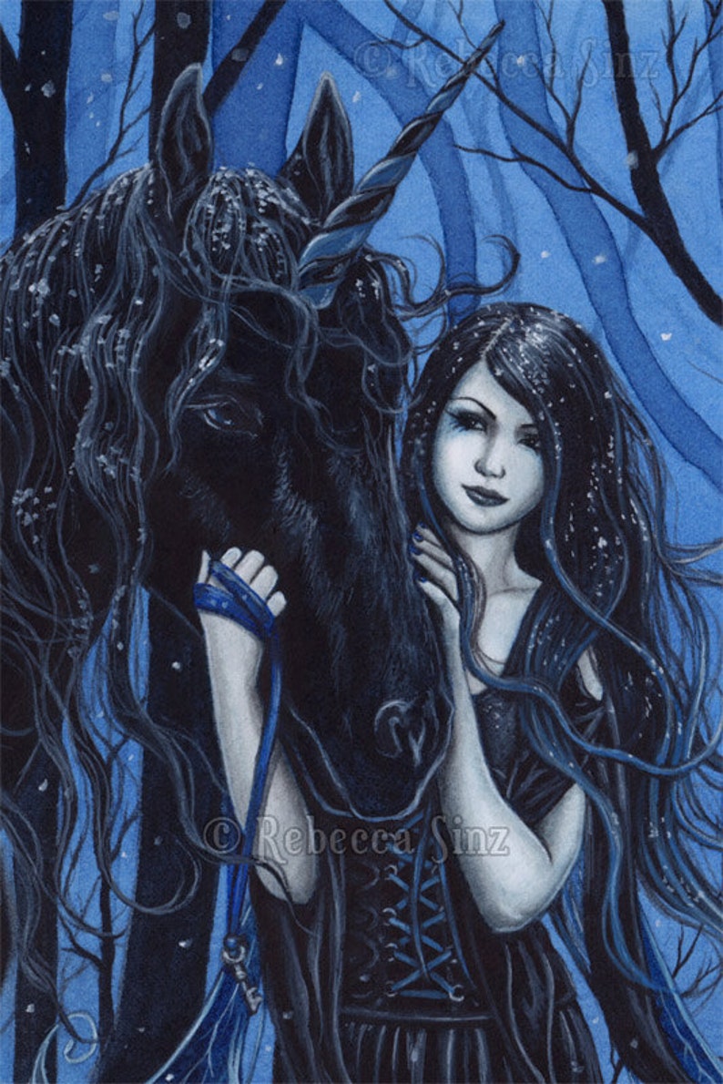 Midnight Travelers PRINT Gothic Fairy Unicorn Winter Black Blue Snow Fantasy Art Watercolor 4 SIZES image 4