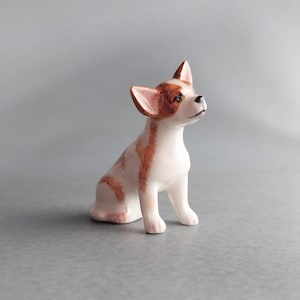 Hand Painted Miniature Ceramic Dog Figurine White and Brown Chihuahua Statue for Dollhouse Decor