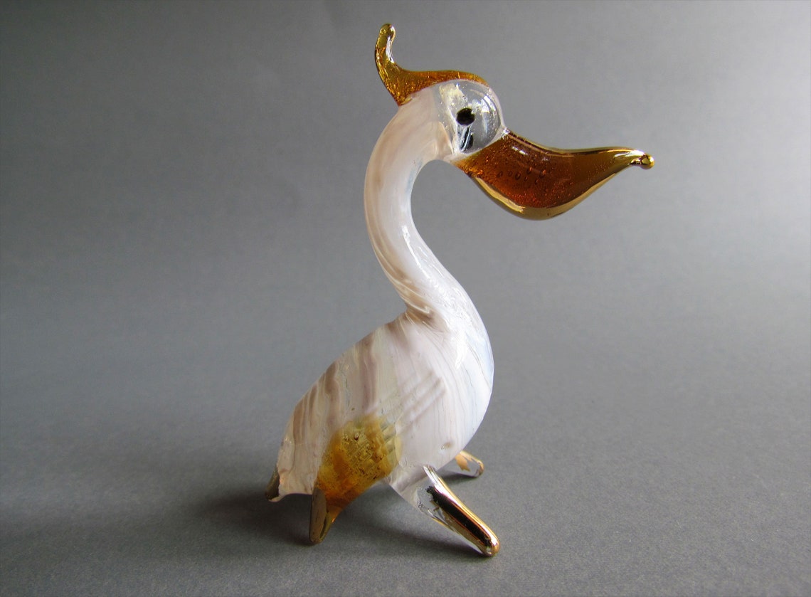 Hand Blown Glass Figurine Miniature Animal Pelican Bird White Etsy