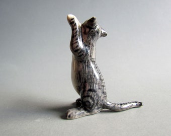 Miniature Ceramic Cat Animal Cute Little Tiny Small White Black blue Figurine Statue Decoration Hand Painted Collectible Gifts Standing Cat