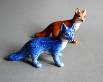 Handmade Ceramic Fox Figurine Miniature Fox Statue Blue Brown
