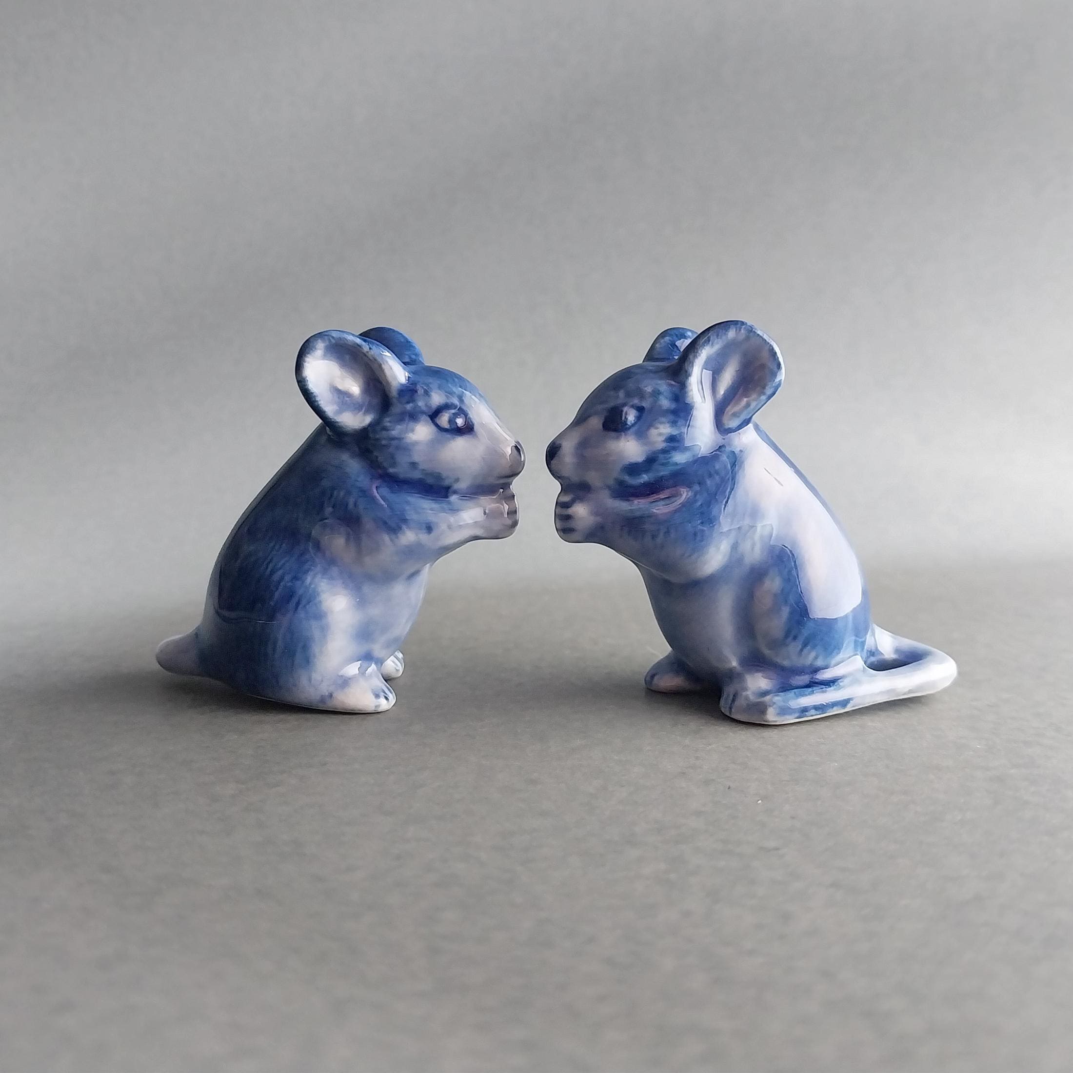 青と白の陶器製ネズミの置物、ミニチュアデスク装飾、小さなげっ歯類の