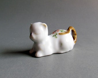 Miniature Animal Ceramic cat, Cat Figurine, Vinatge cat Ornament, Hand painted Flower,Gift Decor Collectible White Brown Rare