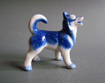 Siberian Husky Dog Miniature Ceramic Figurine White Blue Little Animal Porcelain Decor Figures Collectible Gift Dog lover gift small pet db