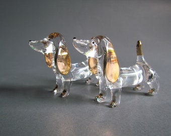 2 Dachshund Figurines Animals Hand Blown Clear Glass Art 22k Gold Trim Dog Collectible Decor Crystal Figures Gifts Dog Clear Glass