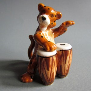 Tiger Playing Drum Musician Instrumentalist Little Animal Miniature Ceramic Figurine Statue Porcelain Figurine Collectible Decor Funny image 1