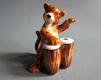 Tiger Playing Drum Musician Instrumentalist Little Animal Miniature Ceramic Figurine Statue Porcelain Figurine Collectible Decor Funny