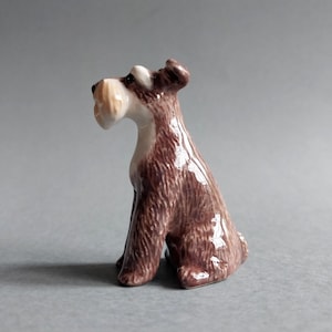 Miniature Ceramic Figurine Schnauzer Dog Little Animal Statue Figurine Collectible Decor Brown White Dog Statue Figure Schnauze Sitting