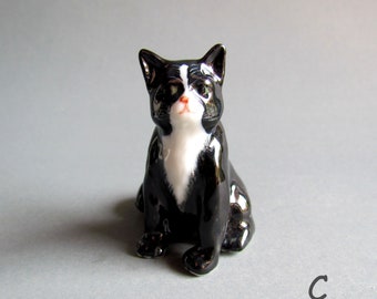 Miniature Ceramic Figurine Little Animal Statue Figurine Collectible Decor Black White Cat Salt and pepper Tuxedo Cat
