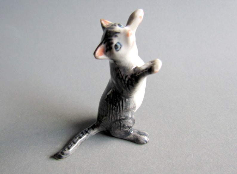 Miniature Ceramic Cat Animal Cute Little Tiny Small White Black blue Figurine Statue Decoration Hand Painted Collectible Gifts Standing Cat image 4