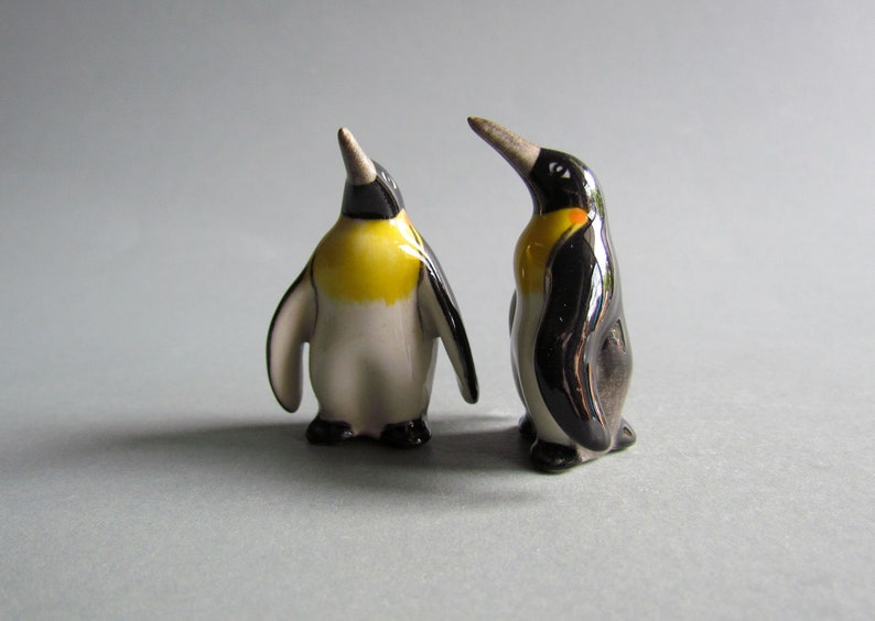 Set of 2 Penguin Animal Miniature Ceramic Animal Figurine Statue Porcelain Figurine Collectible Décor Bird Ocean black yellow