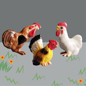 Miniature Animal Ceramic Figurine Tiny Chicken Porcelain Rooster Hen Collectible Gift Decor Countrysde Farmhouse Brown Yellow White CHOOSE