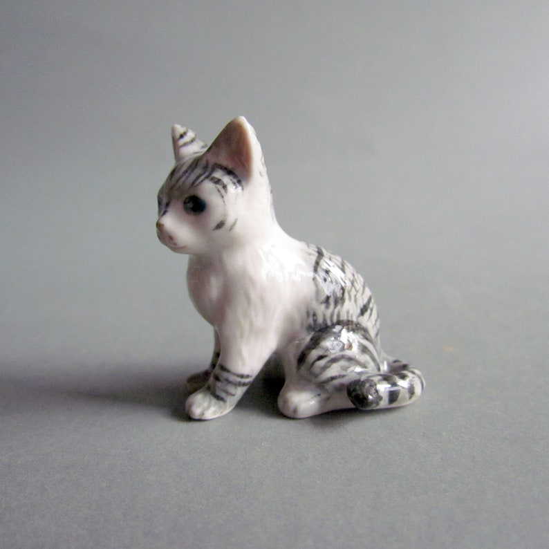 cat, Miniature Animal, cat Ceramic figurine, Ceramic cats, Decor, Collectible, Miniature cat, cat Lover gift, White Grey Gray image 4