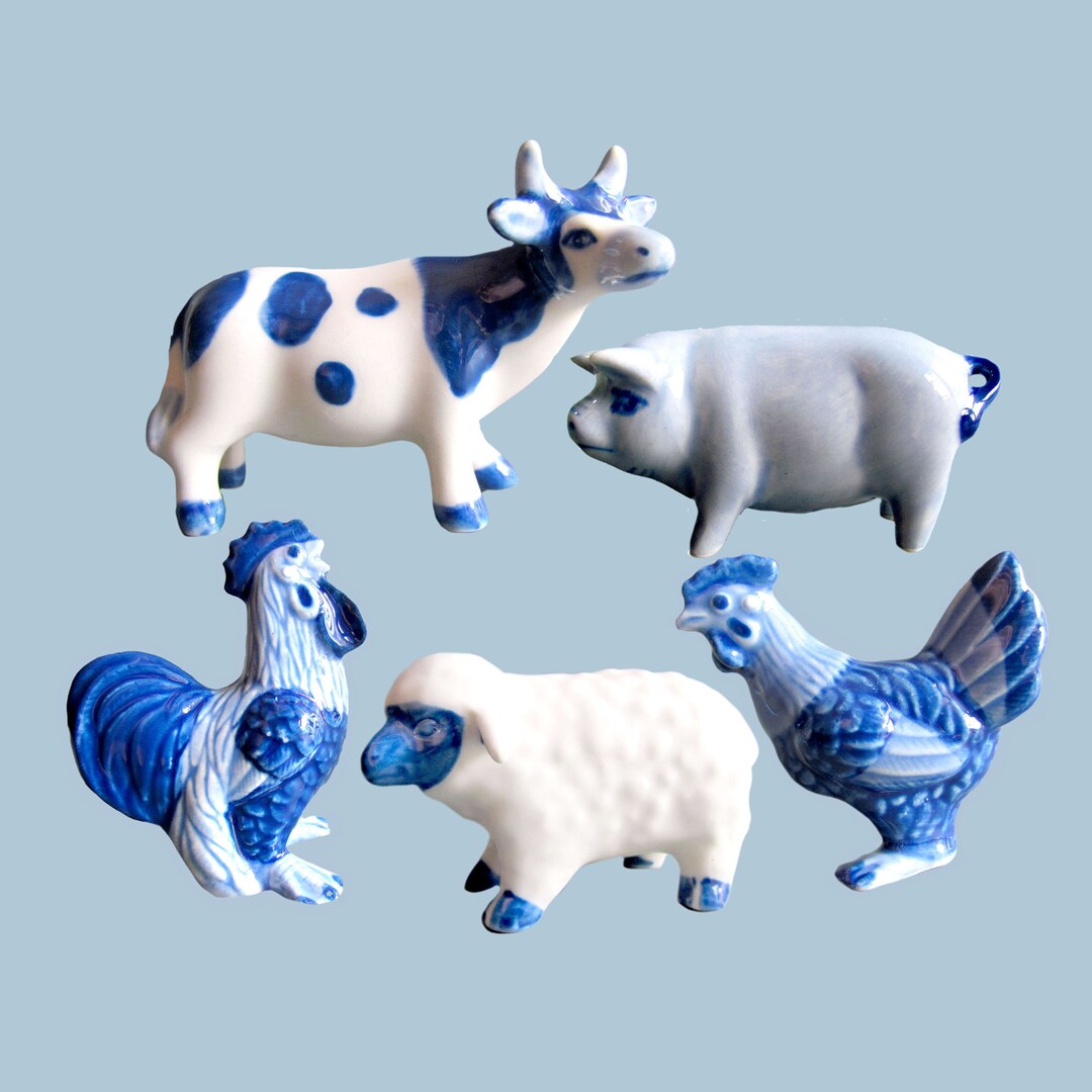 5 Miniature Ceramic Animal Figurines Cow Sheep Pig Chickens Etsy