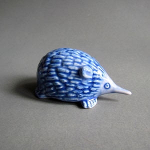 Blue and White Ceramic Hedgehog Figurine: Small Miniature Collectible Pottery Home Decor Gift