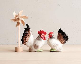 Hand-Painted Ceramic Rooster and Hen Miniature Figurines, Vintage Farmhouse Decor, Cottage Core Kitchen Display