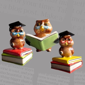 Owl Bird Ceramic Figurine Miniature Porcelain Animal Statue Collectible Decor Small Tiny Little Owl Reading Book Woodland Brown Green Gift