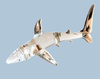 Hand Blown Glass Figurines Shark Art Clear Glass Crystal 22k Gold Trim Sea Fish Animals Collectible Gift Home Decor Miniature Glass Statue