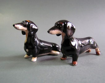 2 of Dachshund Ceramic Figurines, Dachshund Figurines Standing Sitting Black Cream Miniature Animal Figurine, Decor, Collectible, Ornaments