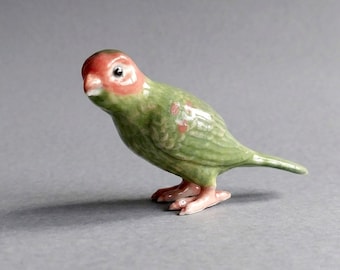 Miniature Ceramic Lovebird Figurine - Glossy Green & Peach-Faced Bird Ornament - Tiny Collectible Porcelain Bird