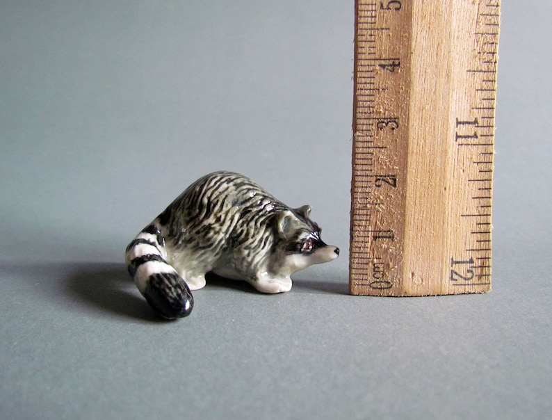 Miniauture Raccoon Ceramic Porcelain Animal Figurine Collectible Decor Black White Grey Countryside Cute Little Tiny Small Statue Sculpture