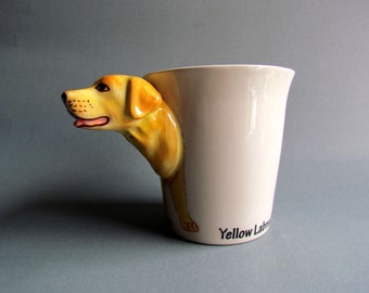 3D Tier Keramik Porzellan Becher Tasse Tee Kaffee Trinkgefäß Handbemalte Tasse Tierkopf Griff Glasur Sammlerbecher Labardor Hund Gelb