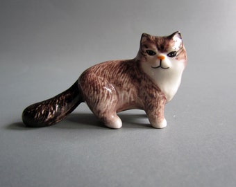 Cat Ceramic Animal Figurine Small Pet Kitty Miniature Collectible Gift Animal Décor Brown White Porcelain Hand made Paint