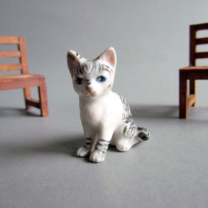 cat, Miniature Animal, cat Ceramic figurine, Ceramic cats, Decor, Collectible, Miniature cat, cat Lover gift, White Grey Gray image 1