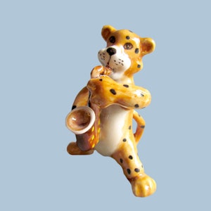 Tiger Playing Drum Musician Instrumentalist Little Animal Miniature Ceramic Figurine Statue Porcelain Figurine Collectible Decor Funny Saxophone