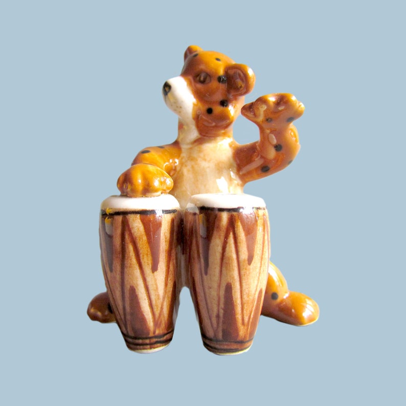 Tiger Playing Drum Musician Instrumentalist Little Animal Miniature Ceramic Figurine Statue Porcelain Figurine Collectible Decor Funny Drum